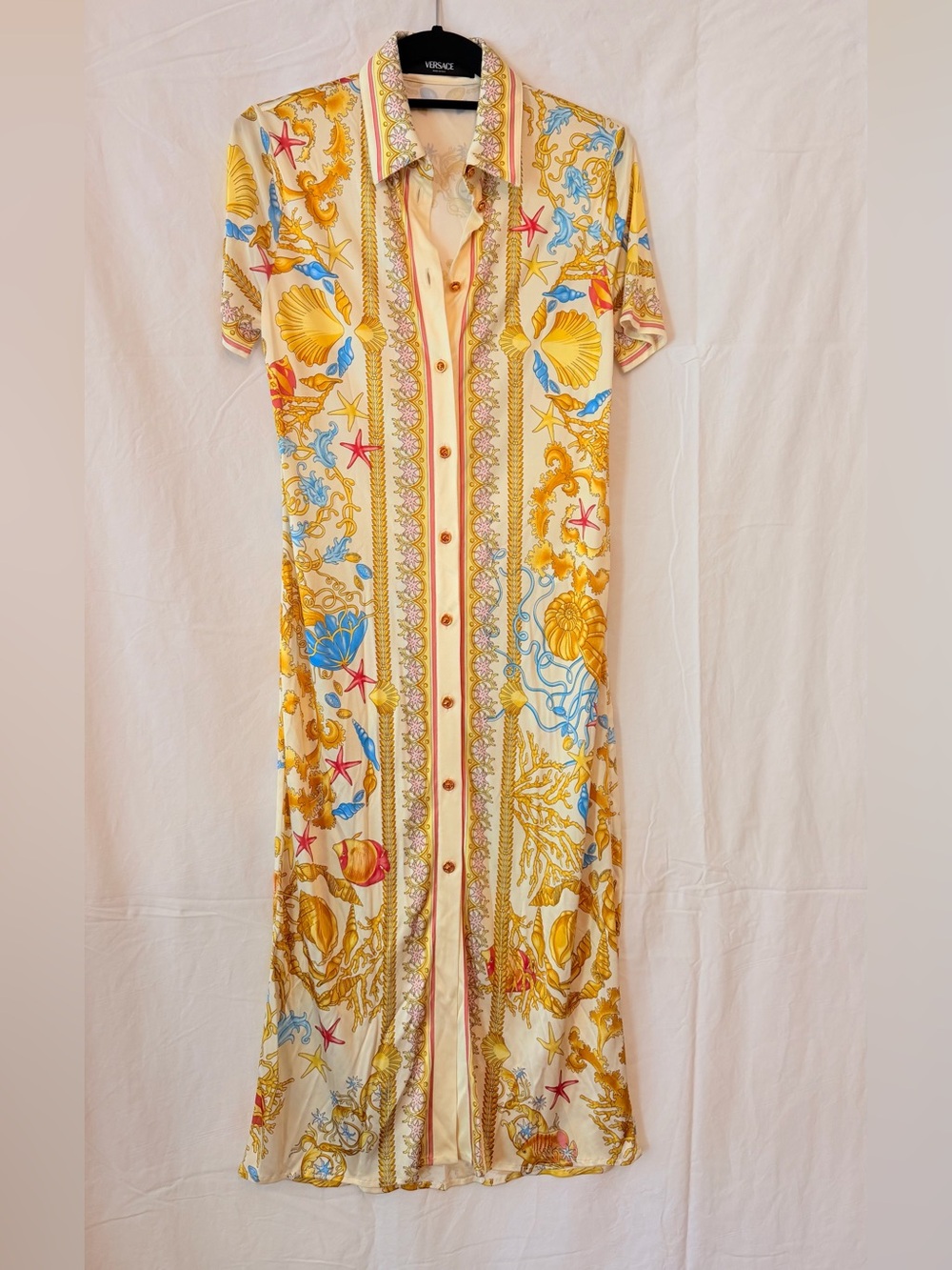 Versace Cream Midi Shirt Dress with Gold Baroque and Blue Pink Sea Motifs